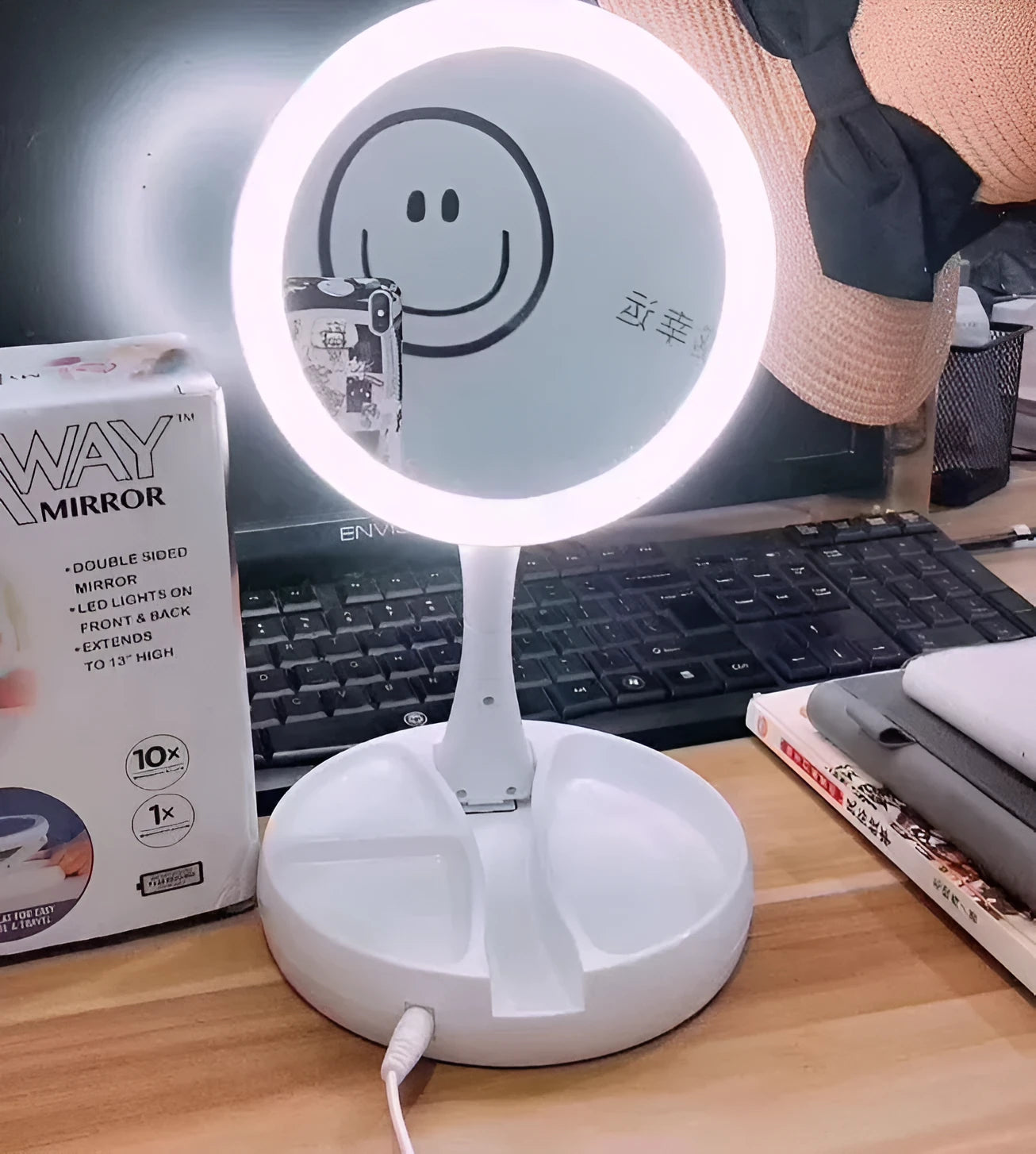 White acrylic vanity mirror with LED lights and USB charging port