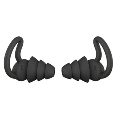 Soft, flexible silicone earplugs in grey and black colours, designed to block out disruptive sounds for a peaceful night's sleep