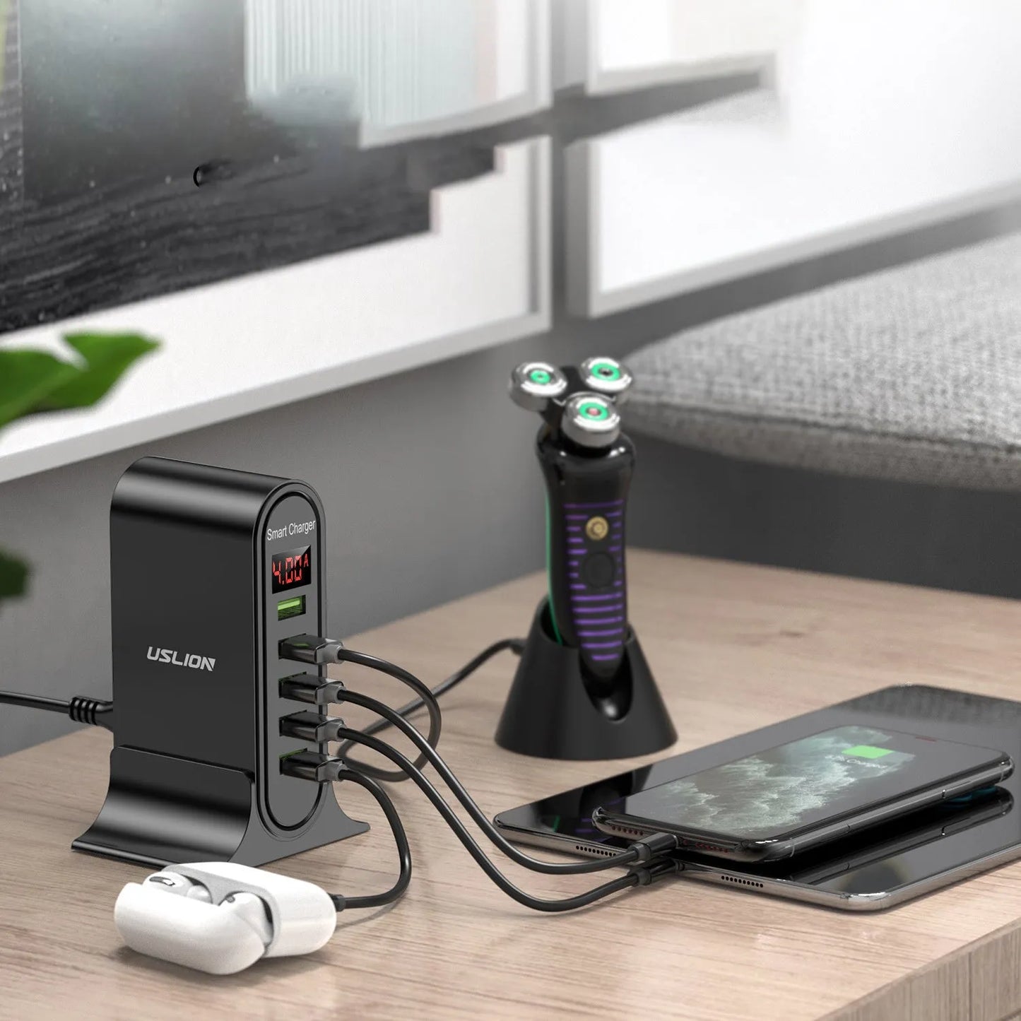 Smart LED digital display charger in black with UK plug, showing voltage readout on screen