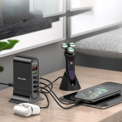 Smart LED digital display charger in black with UK plug, showing voltage readout on screen