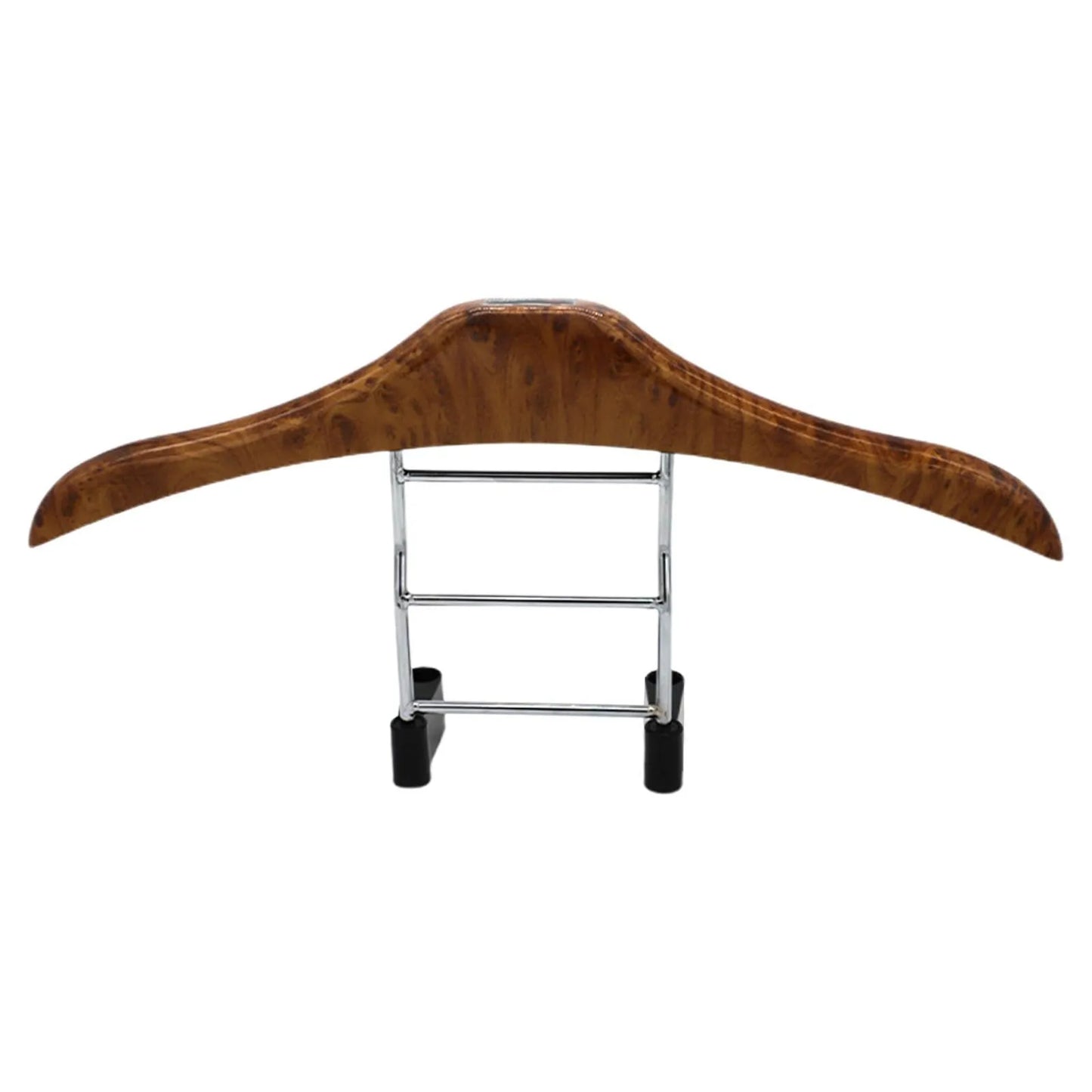 Wood yellow stainless steel car clothes hanger for suits and jackets on a car headrest.