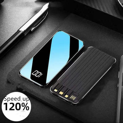 Portable power bank with digital display showing battery percentage and multiple charging ports