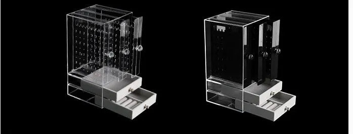 Clear acrylic cosmetic storage box showing makeup organisation with dimensions 13.5x13x24.7 cm