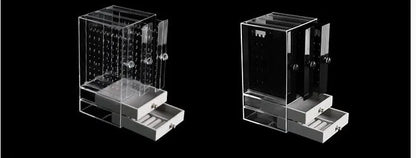 Clear acrylic cosmetic storage box showing makeup organisation with dimensions 13.5x13x24.7 cm