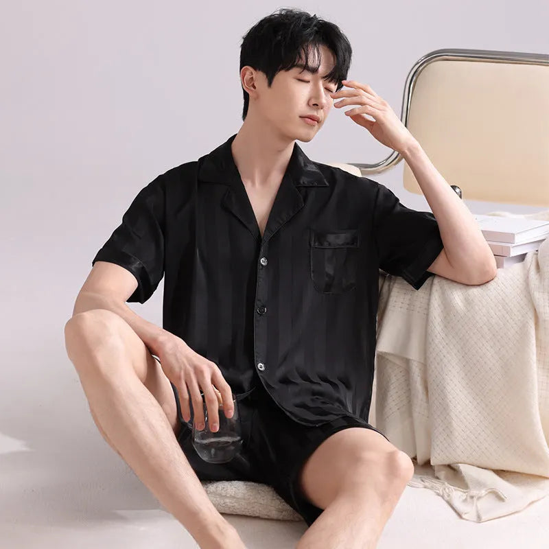 Men's lightweight ice silk pyjama set with cardigan top and short pants in satin jacquard pattern