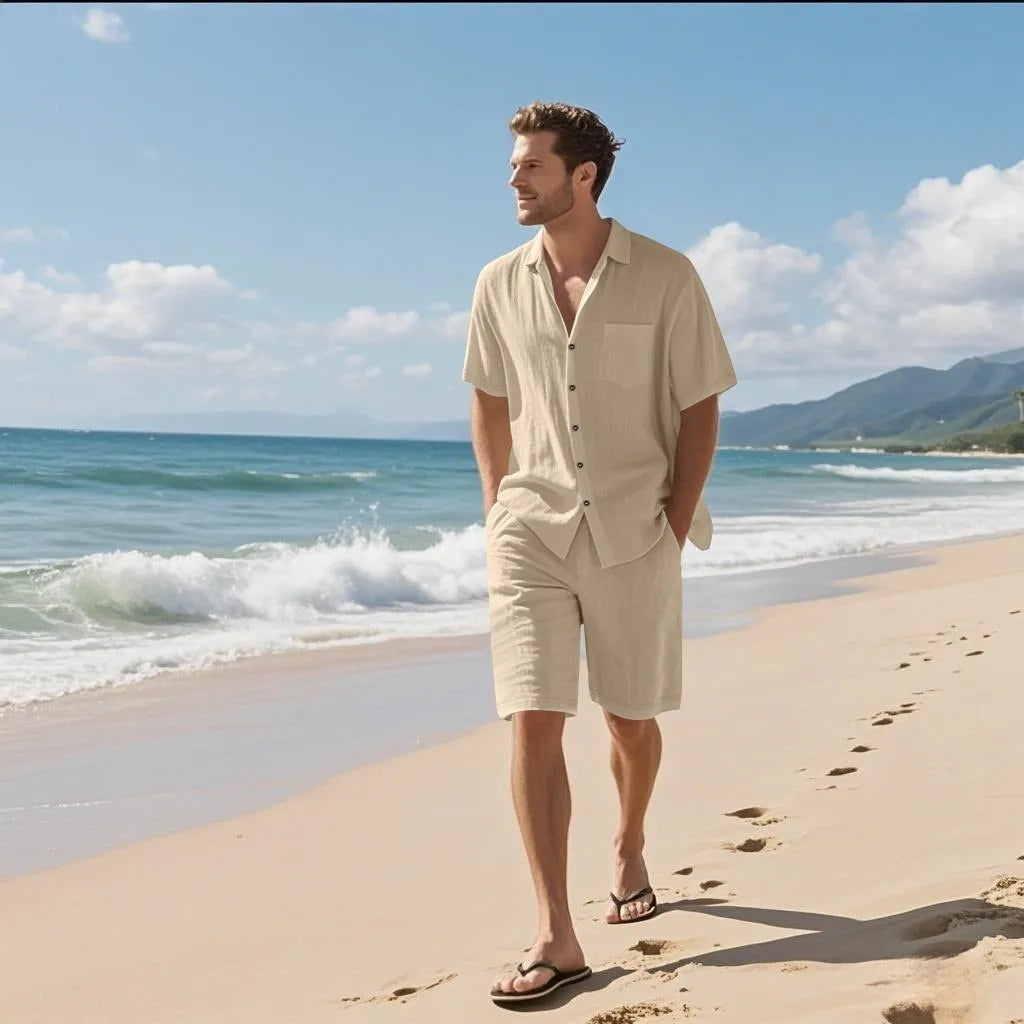 Linen leisure short sleeve shirt and shorts set in hemp blend fabric, available in multiple colours and sizes