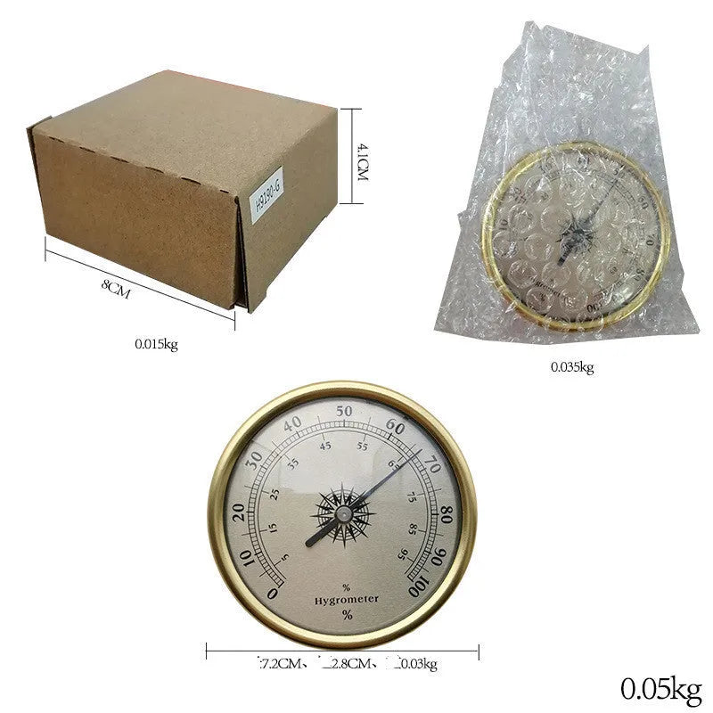 Analogue thermometer and hygrometer with aluminium outer ring and dial showing temperature and humidity scales