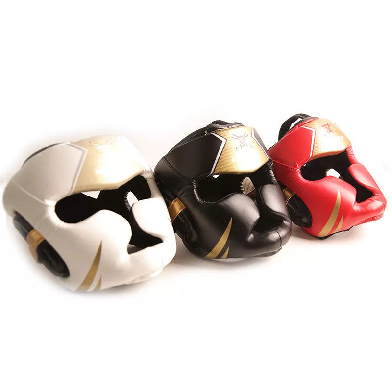 Children's boxing helmet in red, white, or black with full protection features