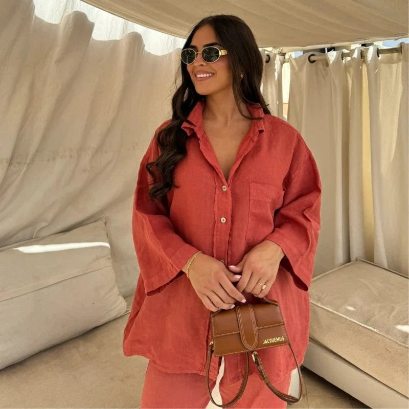 Stylish polyester wide-leg pants and long-sleeve shirt set in a variety of colors including beige, black, orange red, army green, and khaki
