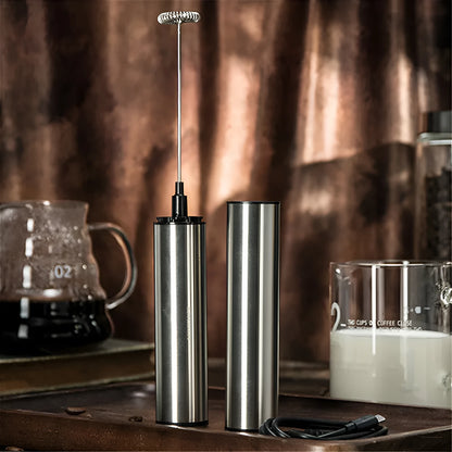 Silver handheld electric milk frother with detachable stainless steel whisk head