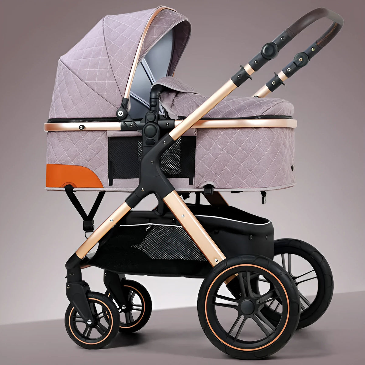 Lightweight folding multi-function baby cart with iron pipe frame, high landscape seat, 15kg load, in khaki or grey