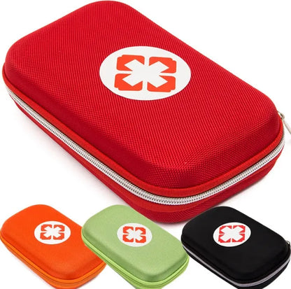 Red plastic survival first aid kit open to show 18-piece contents including bandages, scissors, and emergency blanket.