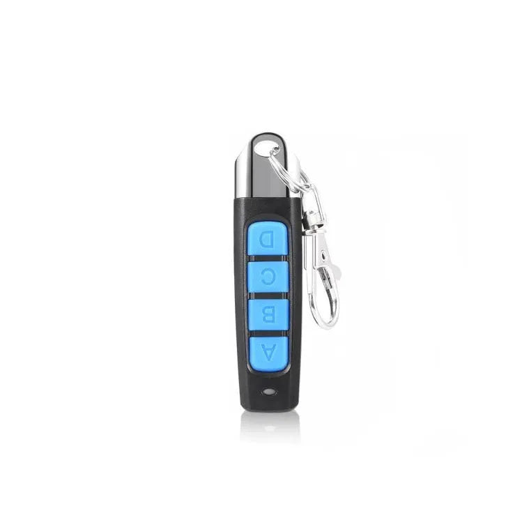 Rolling door remote control transmitter in four colour options showing compact 6.7cm design