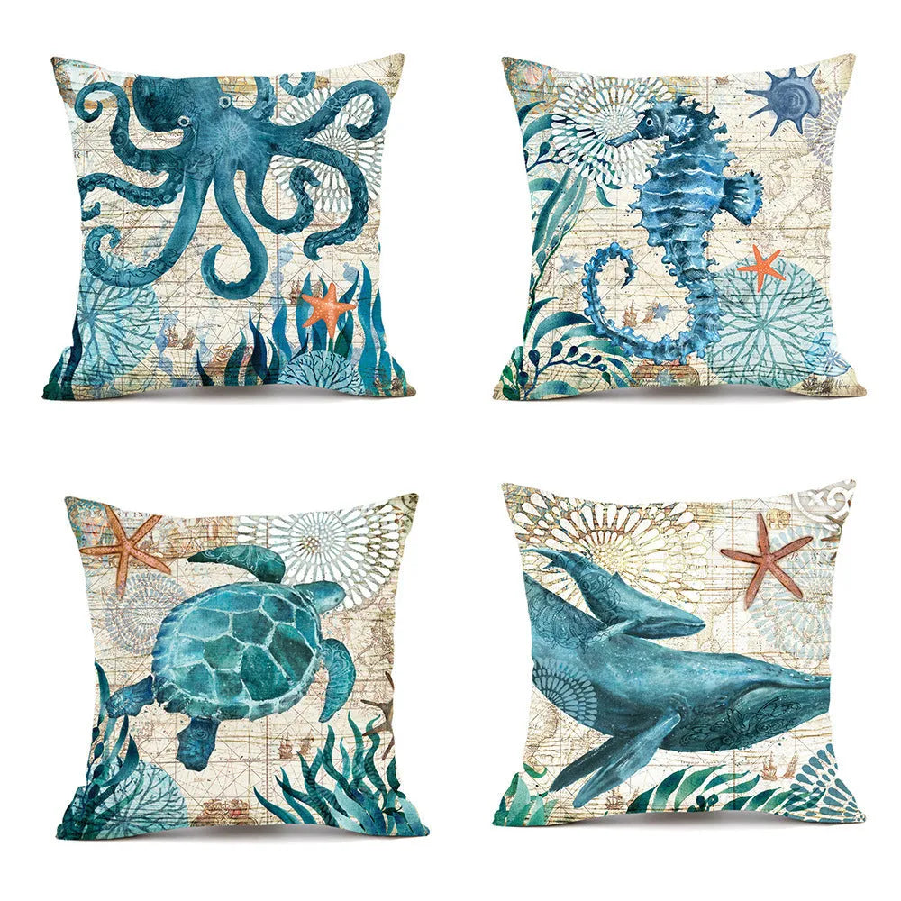 Linen cushion cover with detailed sea turtle pattern, showing invisible zipper closure.