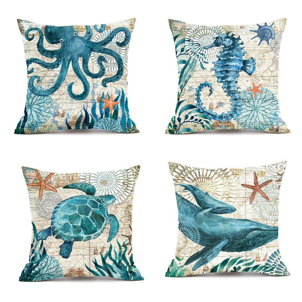 Colorful throw pillow covers featuring vibrant sea creature designs like turtles, octopuses, and seahorses printed on soft, durable linen fabric