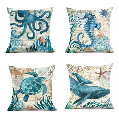 Colorful throw pillow covers featuring vibrant sea creature designs like turtles, octopuses, and seahorses printed on soft, durable linen fabric