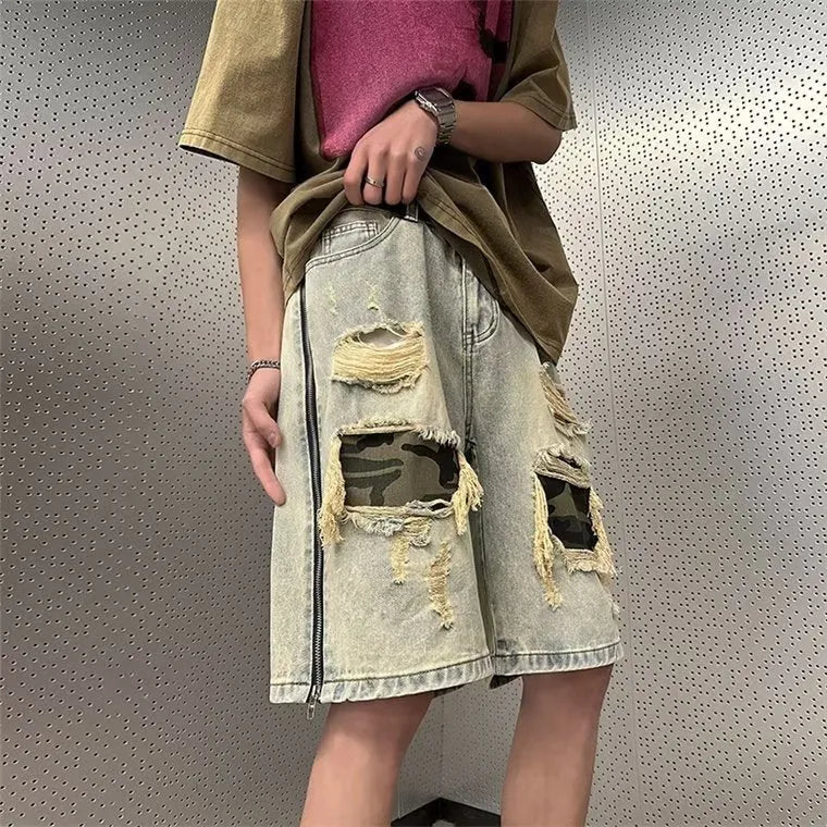 Men's yellow mud coloured denim shorts with ripped camouflage pattern and straight-leg Korean cut