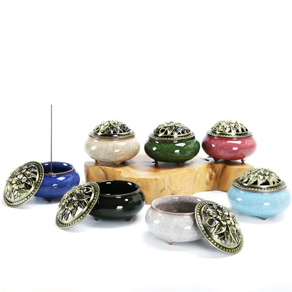 Retro ceramic incense burner in multiple glaze colours with 8cm diameter and 7cm height