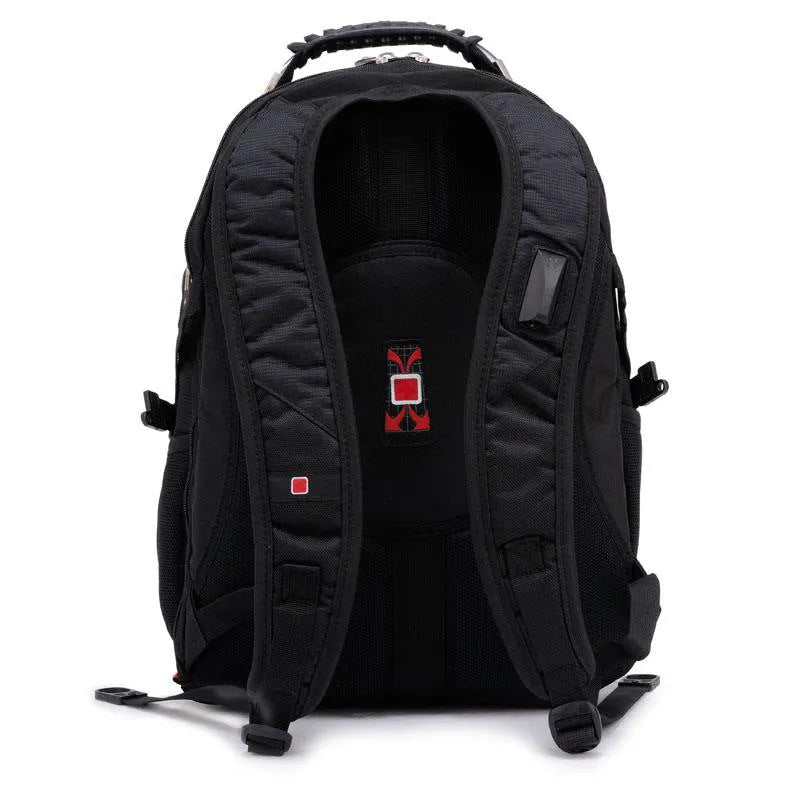 Black 38-litre business laptop backpack open to show computer layer and organisation compartments.