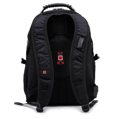 Black 38-litre business laptop backpack open to show computer layer and organisation compartments.