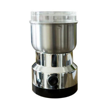 Versatile stainless steel grain grinder with transparent cover for milling flours, coffee beans, and spices