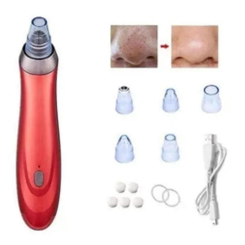 Electric blackhead remover device with five suction nozzle attachments, shown in black colour.