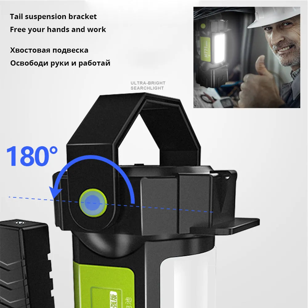H771 portable LED searchlight in orange or green with shoulder strap and removable battery.
