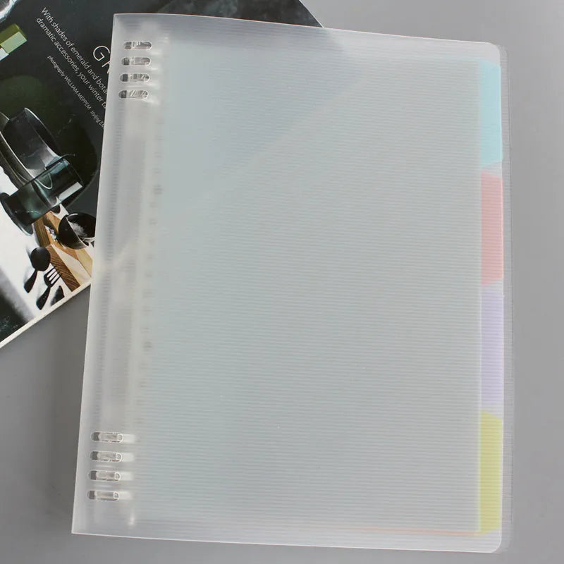 B5 size loose-leaf notebook refill with PP plastic shell in assorted colours: blue, green, pink, yellow, transparent.