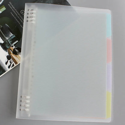 B5 size loose-leaf notebook refill with PP plastic shell in assorted colours: blue, green, pink, yellow, transparent.