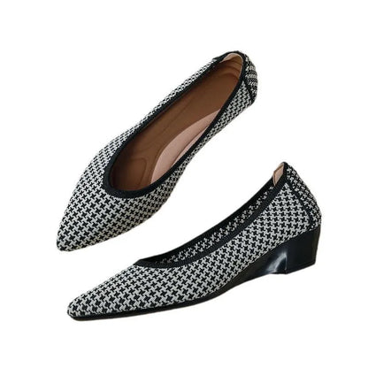 Women's wedge pumps with breathable mesh upper, pointed toe, and low rubber sole in leopard print pattern