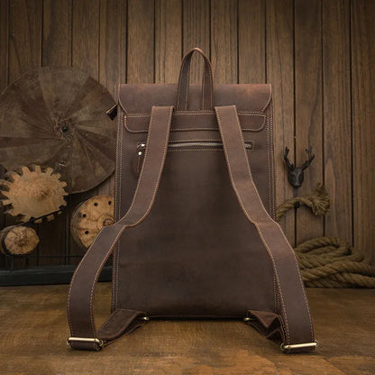 Dark brown genuine leather men's travel bag with vertical square design and double shoulder straps