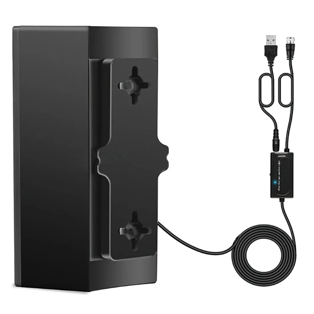 Black plastic digital TV antenna measuring 18cm by 16cm by 7cm with mounting accessories including expansion tubes and adhesive tape