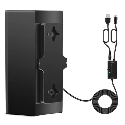 Black plastic digital TV antenna measuring 18cm by 16cm by 7cm with mounting accessories including expansion tubes and adhesive tape