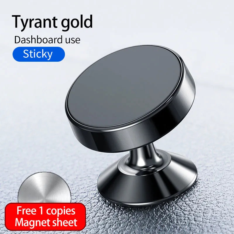 Magnetic car phone holder mounted on dashboard showing smartphone attachment and 360-degree rotation mechanism