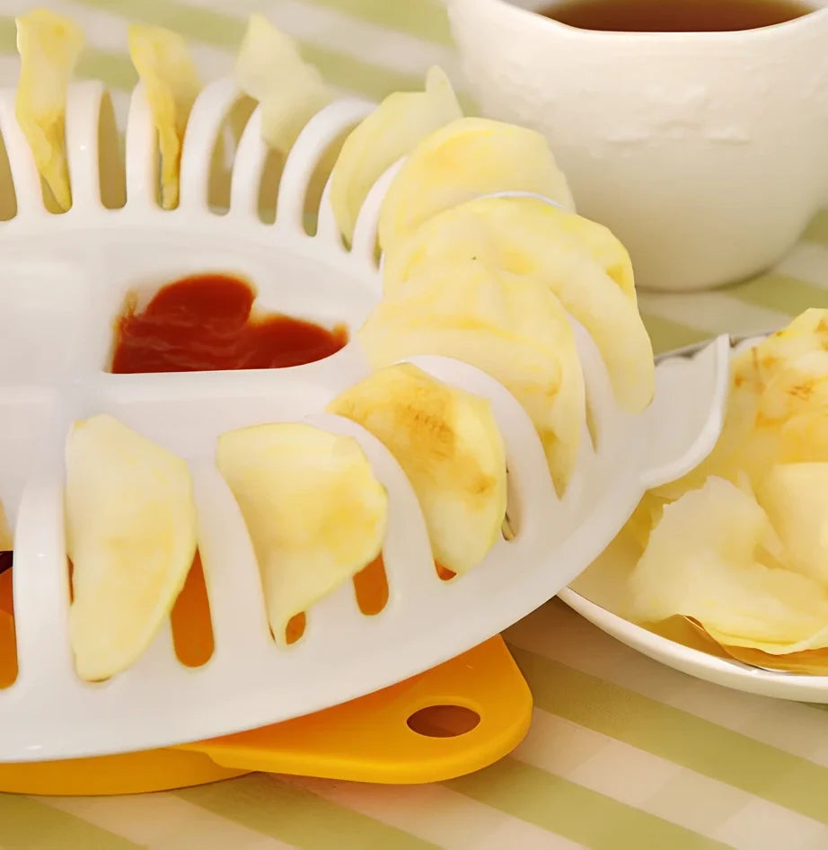 White microwave potato chips maker with stainless steel blade and ABS plastic components weighing 265g