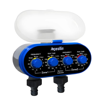 Dual timer automatic garden watering controller with battery compartment for cordless irrigation.