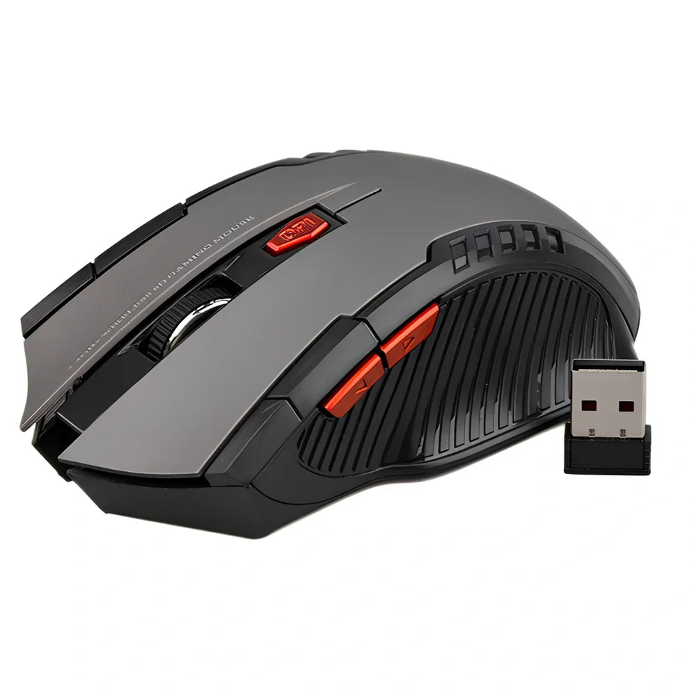 Black wireless computer mouse with six buttons and USB receiver, 100-120mm size