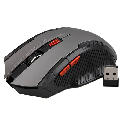 Black wireless computer mouse with six buttons and USB receiver, 100-120mm size
