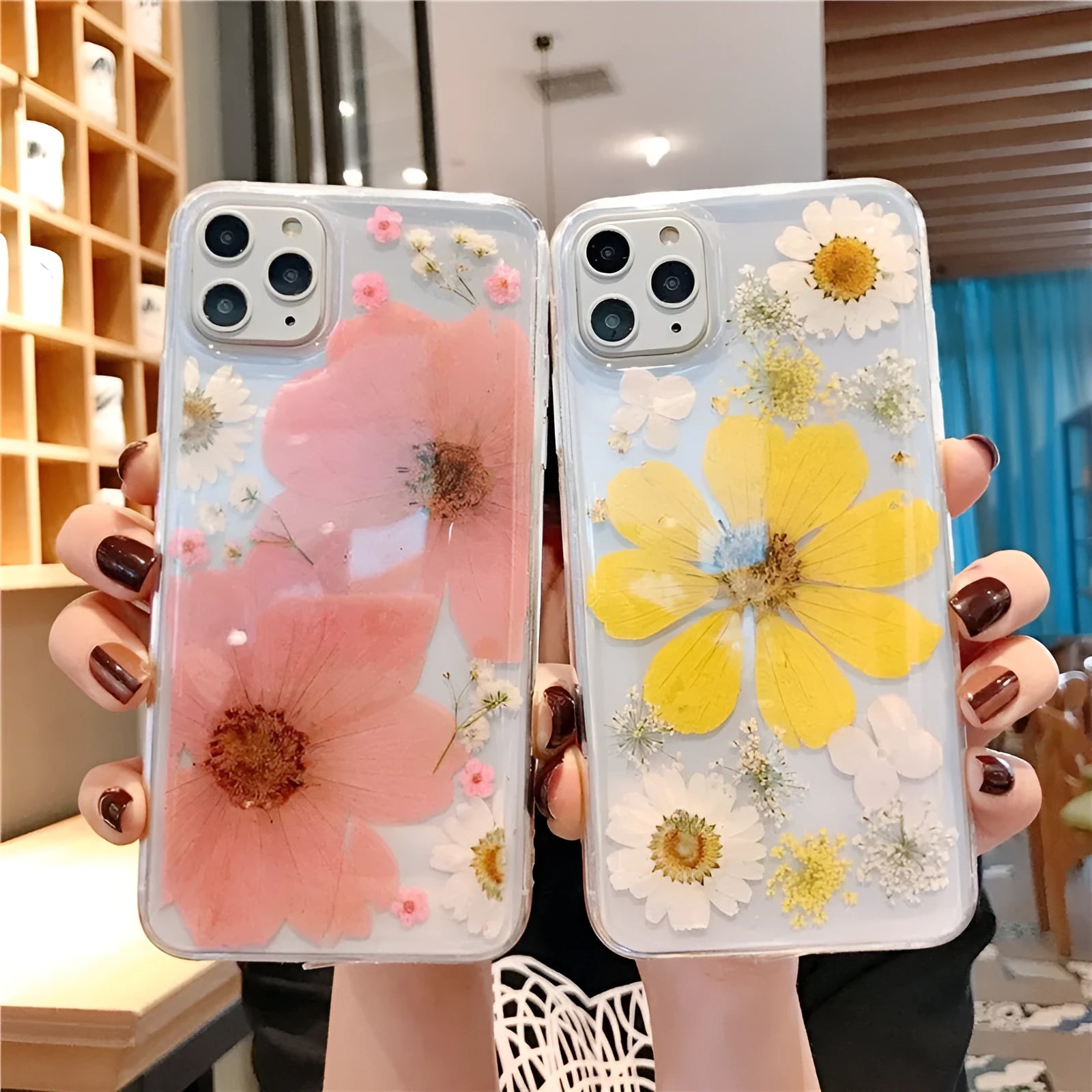 Floral TPU back cover phone case for iPhone showing large pink flower and large yellow flower design options.