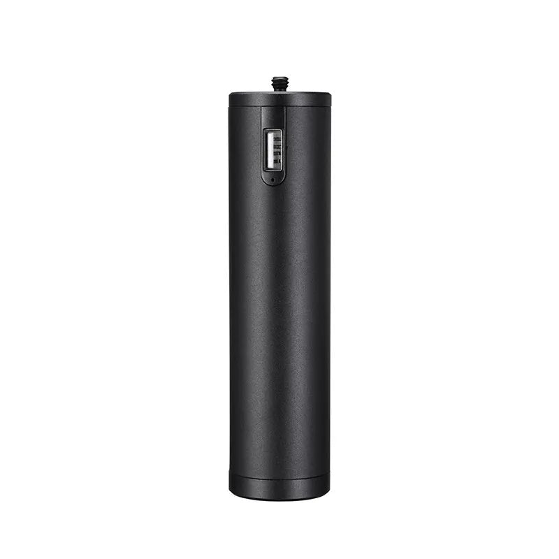 Black aluminium alloy power bank with a built-in carrying handle, shown with dimensions.