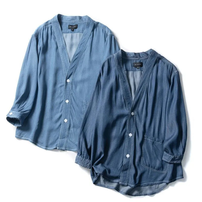 Men's casual denim coat with three-quarter sleeves, V-neck collar, and loose fit available in dark blue and light blue colours for everyday wear in sizes L to 5XL