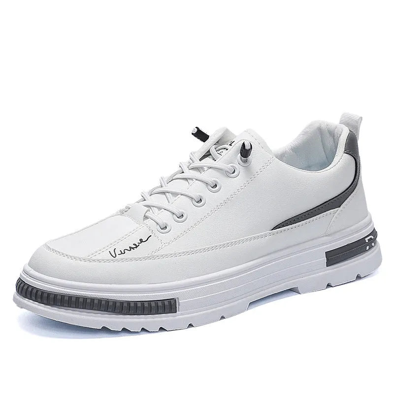 Men's white and black Korean style platform sneakers with elastic band and round toe.