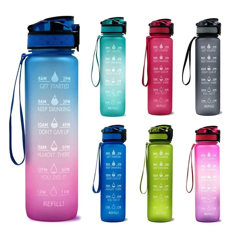 Tritan sports water bottle with frosted gradient finish showing blue-red colour transition