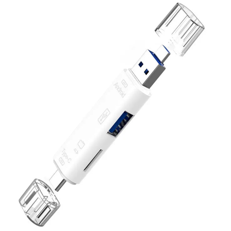 Black USB-C OTG hub adapter with Micro USB input, a USB port, and a microSD card slot on a white background.