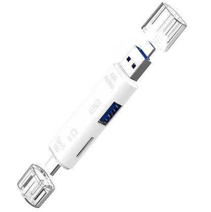 Black USB-C OTG hub adapter with Micro USB input, a USB port, and a microSD card slot on a white background.