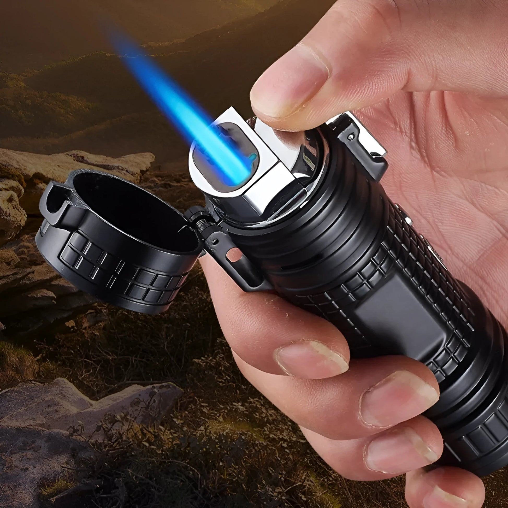 TH727 metal flashlight and lighter in camouflage colour, showing compact 12.5cm waterproof design.