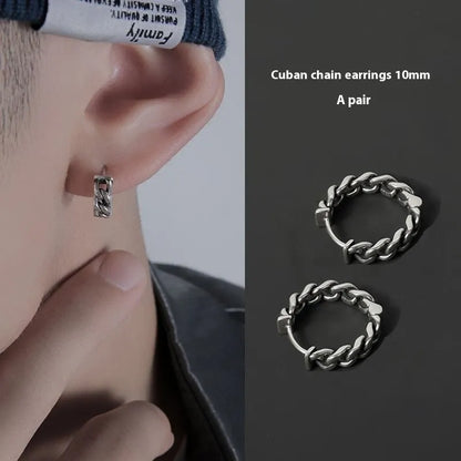 Men's geometric copper hip-hop earrings on a flat surface, showing 10mm and 14mm size options.