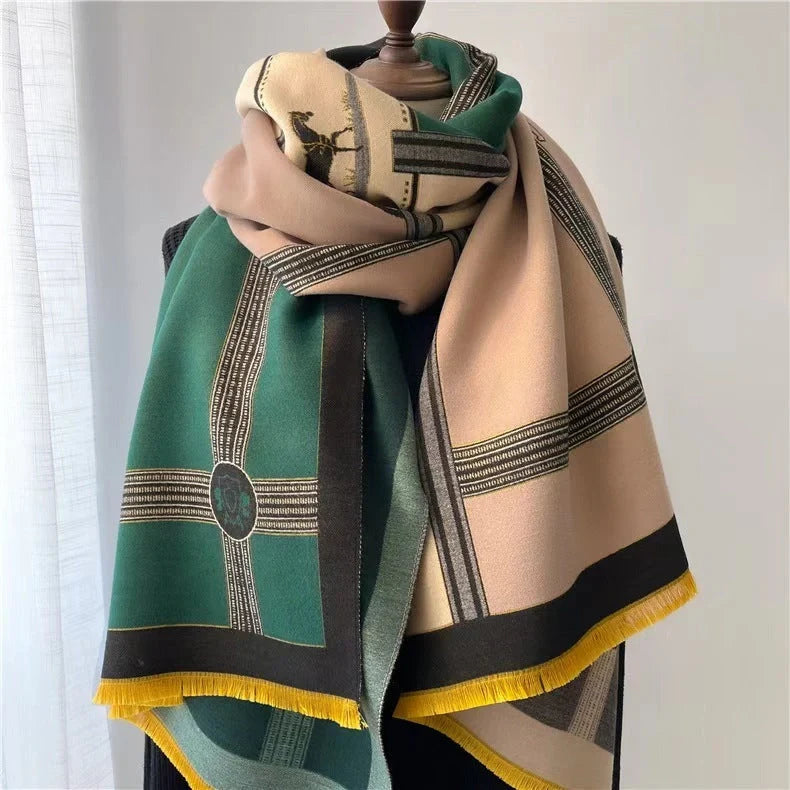 Stylish Korean contrast colour artificial cashmere scarf for women, perfect for winter warmth and fashion.