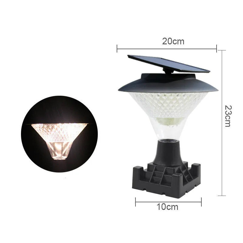 Solar-powered outdoor street light with solar panel on top and LED light fixture.