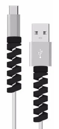 Plastic charging cable protector sleeve shown in various colours including black, blue, pink and yellow.